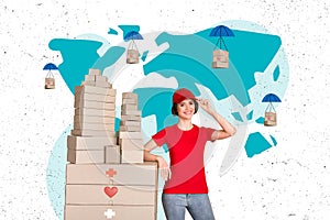 Composite collage picture image of funny female deliver pile carton box world shipping unusual fantasy billboard comics