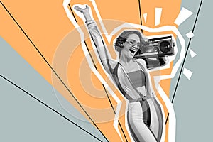 Composite collage picture image of funny female listen music have fun dance boombox fantasy billboard comics zine