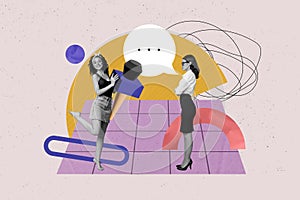 Composite collage picture image of funny girls interview communicate speech bubble press conference weird bizarre