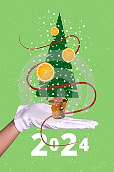 Composite collage picture image of hand glove hold tree decoration orange fruit happy merry christmas new year theme x