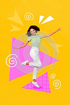 Composite collage picture image of happy attractive young girl dancing have fun enjoy summer vacation weekend festival