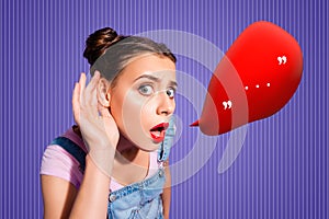 Composite collage picture image of listen female shocked speech bubble communication concept fantasy billboard comics