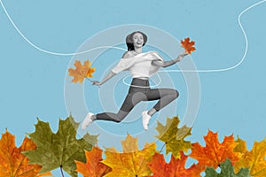 Composite collage picture image of positive energetic young woman running jumping careless playing collect autumn golden