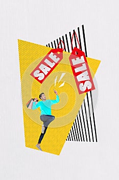 Composite collage picture image of sale shopping concept excited funny man ecommerce mobile phone fantasy billboard