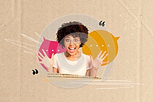 Composite collage picture image of shocked female excited speech bubble communication concept fantasy billboard comics