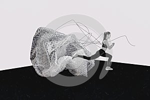 Composite collage picture image of stretching female lunge squat pile trash sportswoman unusual fantasy billboard comics