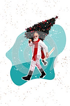 Composite collage picture image of walking confident stylish cool old man ax cutting christmas tree decoration long red