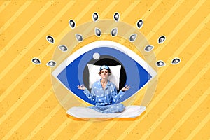 Composite collage picture image of young woman closed eyes meditating om lotus pose pillow sleep big eye spying