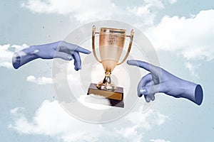 Composite collage picture of two blue human arms fingers reach touch award cup isolated on creative clouds sky