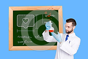 Composite collage picture of white coat doctor invent love medicine bottle wooden frame black board isolated on blue