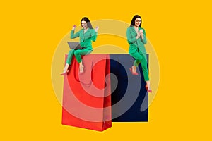 Composite collage picture of women shopaholic sitting on huge shopping bags and using cellphone, yellow background