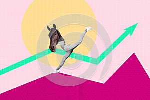 Composite collage of stats graphics sport young person headless incognito wear horse head mask run on huge arrow jump