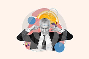 Composite collage of stressed workaholic middle age man fingers ears ignore society overworked need rest isolated on