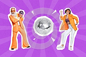 Composite collage of two excited positive people enjoy dancing chilling big glowing disco ball  on drawing