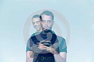 Composite Concept Image Showing Young Man With Mobile Phone Suffering With Social Anxiety