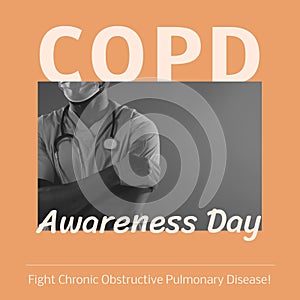 Composite of copd awareness day text and african american doctor wearing mask and gloves in hospital