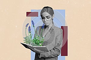 Composite creative art collage of young serious lady scientist glasses hold book grow plant flower blue unique rarity