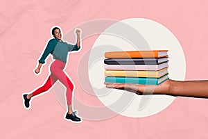 Composite creative photo collage artwork design of young running girl stack books enjoy reading literature store