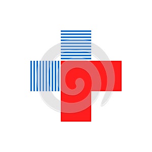 Composite cross medical logo red direction arrow and two blue squares from thin lines