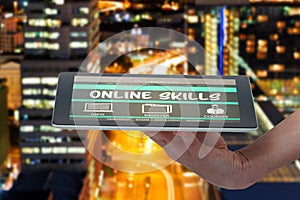 Composite 3d image of human hand holding digital tablet against white background