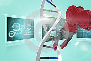 Composite 3d image of low angle view of red robot arm with black claw