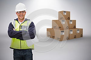 Composite 3d image of worker wearing hard hat in warehouse