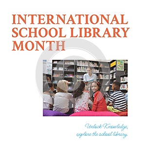 Composite of diverse teacher reading book for children and international school library month text