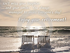 Composite of enjoy your retirement text over deckchairs and sun setting over sea