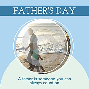 Composite of father\'s day text and african american father and son walking at shore at sunset