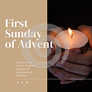 Composite of first sunday of advent text and lit candles on dark background