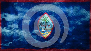 Composite of Flag of Guam and rain clouds. Symbolizing heavy rains, storms, hurricanes and other bad weather in the country.