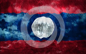 Composite of Flag of Laos and rain clouds. Symbolizing heavy rains, storms, typhoons and other bad weather in the country.