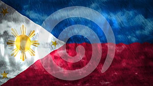 Composite of Flag of Philippines and rain clouds. Symbolizing heavy rains, storms, typhoons and other bad weather in the country.