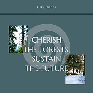 Composite of this friday, cherish the forests, sustain the future text and trees growing in woods