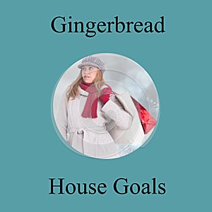 Composite of gingerbread house goals text and caucasian woman in bags in winter landscape background