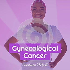 Composite of gynecological cancer awareness month over smiling biracial woman wearing headscarf