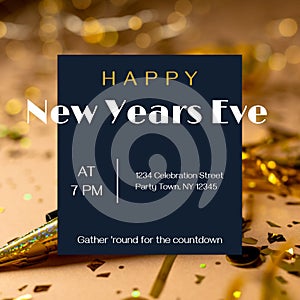 Composite of happy new years eve at 7pm, 1234 celebration street party town, ny 12345 over confetti