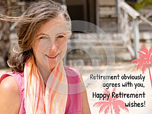 Composite of happy retirement text over happy senior caucasian woman