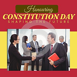 Composite of honouring constitution day text over caucasian lawyers and businesspeople