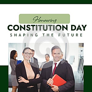 Composite of honouring constitution day text over caucasian lawyers and businesspeople