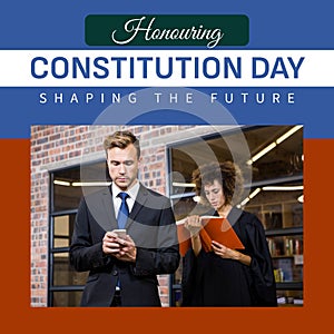 Composite of honouring constitution day text over diverse lawyers and businesspeople