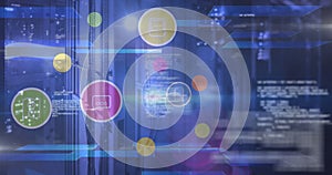 Composite of icons and data processing over computer servers