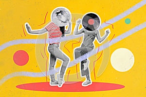 Composite illustration picture poster two dancing girls friends have fun headless discoball vinyl record face clubbing