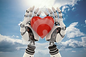 Composite image of 3d image of bionic person holding red heart shape decor