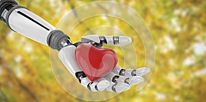 Composite image of 3d image of bionic person holding red heart shape decor