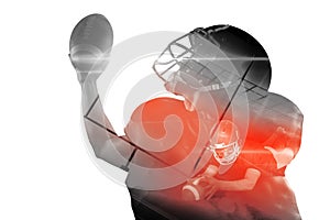 Composite image of american football player in jersey and helmet holding ball