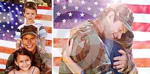 Composite image of american soldier reunited with his partner