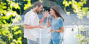 Composite image of angry brunette shouting at boyfriend