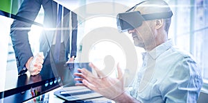 Composite image of angry businessman thump the table