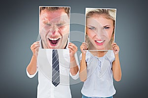 Composite image of angry man shouting towards camera